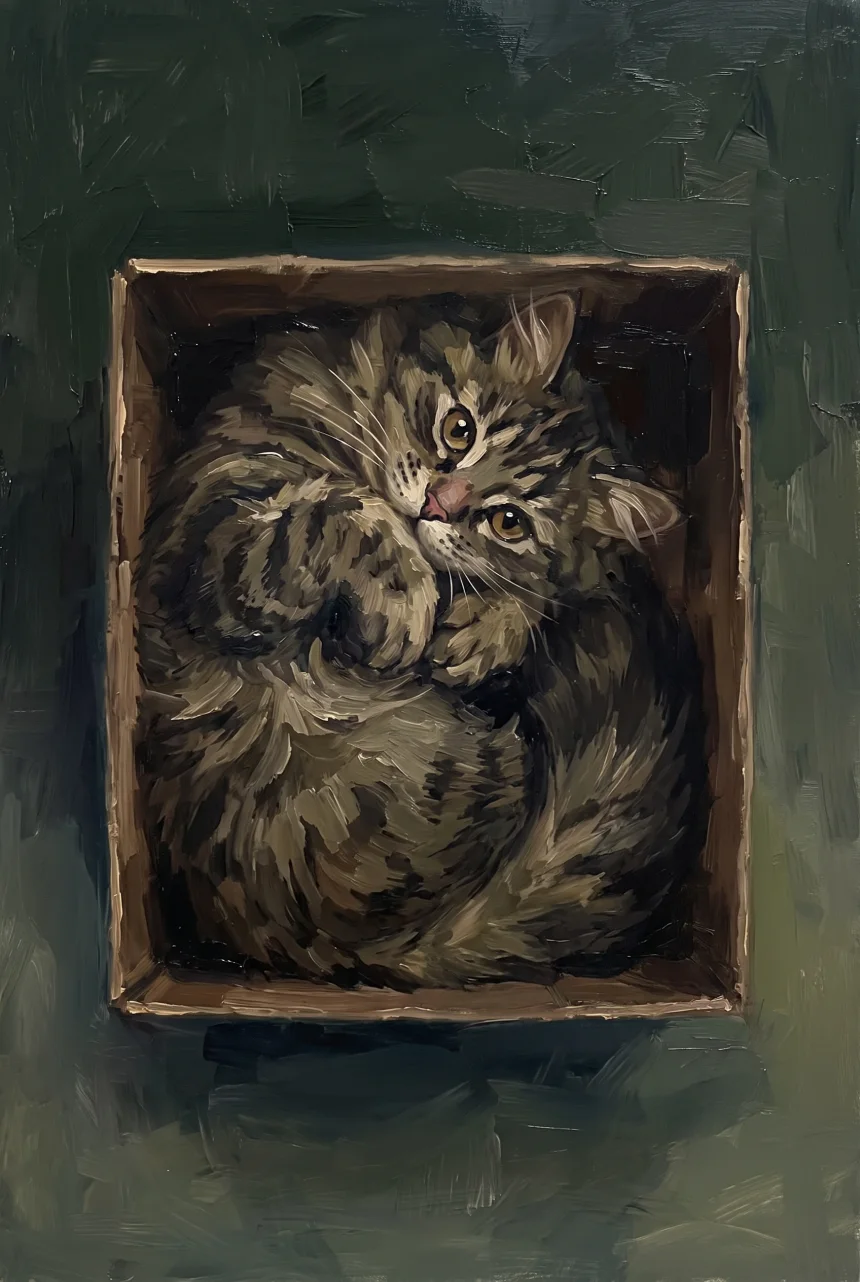 In a Box portrait of a curled tabby cat