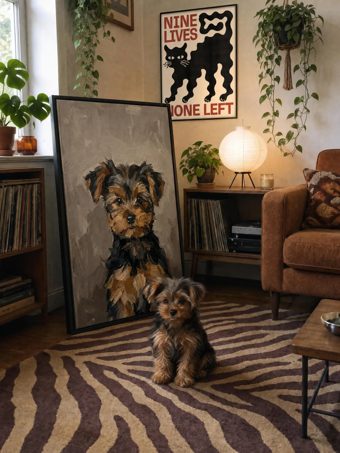A framed portrait beside the Yorkshire terrier it depicts in a warm living room