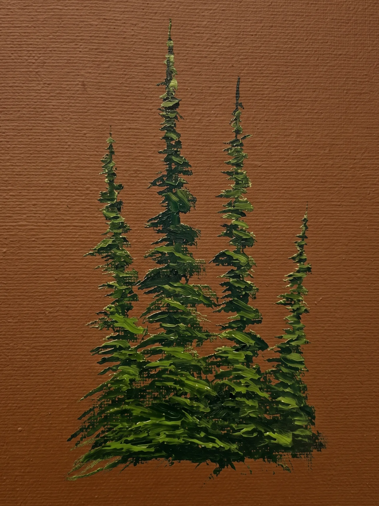 Painted evergreen trees on richly textured canvas